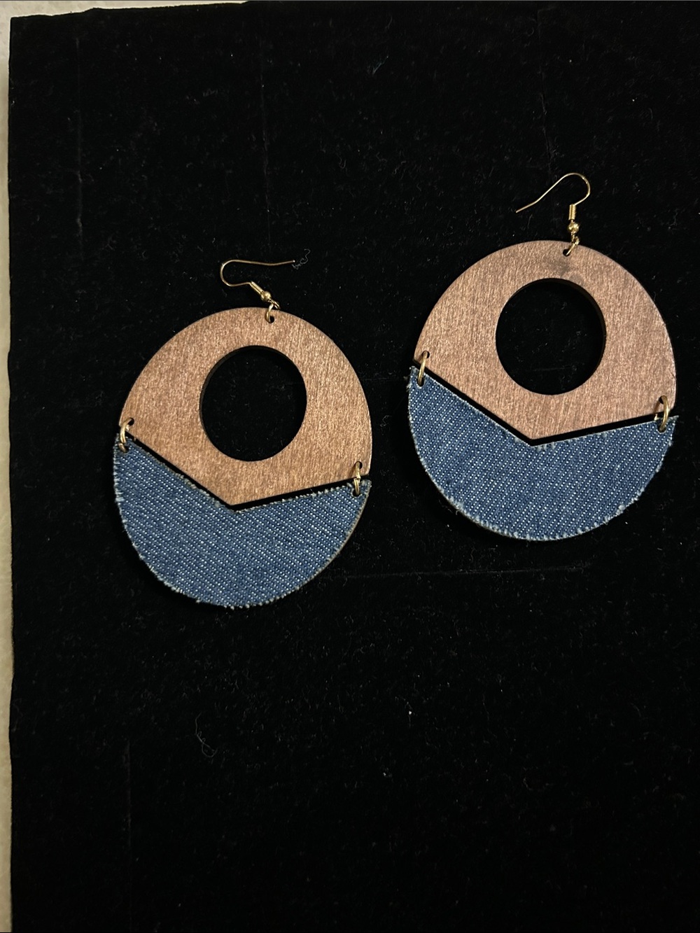 Wood and Denim Blue Circle Drop Earrings